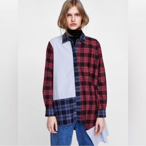 Zara Women Premium Denim Collection Plaid and Striped Long Sleeve Shirt Size XS